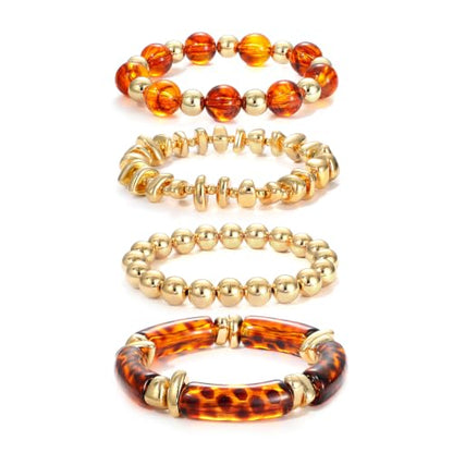 GOOJIDS Simple Beaded Gold Plated Bangles Bracelet Chunky Bamboo Tube Curved Stacking Clear Acrylic Colorful Beads Stretchable Gold Plated Bracelets Set For Women - color: T New Brown Beads Set