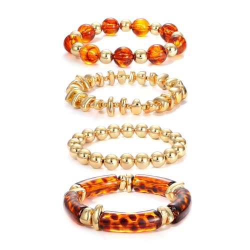 GOOJIDS Simple Beaded Gold Plated Bangles Bracelet Chunky Bamboo Tube Curved Stacking Clear Acrylic Colorful Beads Stretchable Gold Plated Bracelets Set For Women - color: T New Brown Beads Set