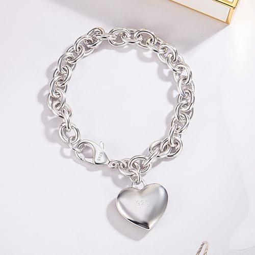 Dankadi Women 925 Sterling Silver Round Cable Wire Link Bracelet Charm Heart-Bell-Square-Circle Pendant Chain Bangle Fine Jewelry Gift For Wife Her - color: 6mm Silver Heart Pendant, size: 6.7 in