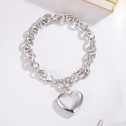 Dankadi Women 925 Sterling Silver Round Cable Wire Link Bracelet Charm Heart-Bell-Square-Circle Pendant Chain Bangle Fine Jewelry Gift For Wife Her - color: 6mm Silver Heart Pendant, size: 6.7 in