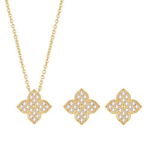 COBI Jewelry Set for Women, 18K Gold & Rhodium Plated CZ Necklace & Earrings, Clover Halo Infinity Solitaire Feather Designs, Dainty Crystal Pendant Sets, Trendy Fashion Gifts for Her - style: CZ Four Leaf Clover