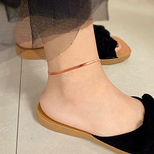 Adjustbale Link Chain Anklet for Women Summer Jewelry, 316L Stainless Steel Figaro/Wheat/Twist Rope/Cuban Foot Bracelet-Waterproof, Resizable 9"-12" (Gift Box Included) - color: 6, Herringbone - Rose Gold-3mm