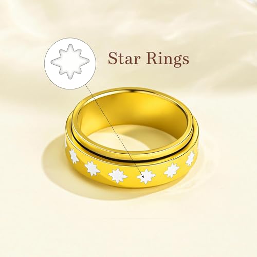 Fidget Anxiety Rings for Women 14K Gold Silver Plated Spinner Band Ring 8mm Thick Stainless Steel Statement Rings Jewelry Gifts Size 6-10 - color: Gold-Star