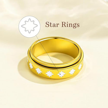 Fidget Anxiety Rings for Women 14K Gold Silver Plated Spinner Band Ring 8mm Thick Stainless Steel Statement Rings Jewelry Gifts Size 6-10 - color: Gold-Star