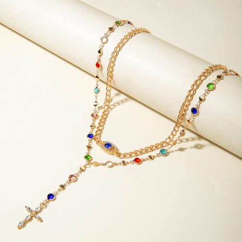 Layered Necklace for Women Double Layered Gold Necklace Snake Chain Simple Fashionable Versatile Jewelry Gift - color: Colorful Stacked Cross Necklace