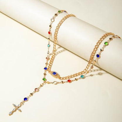 Layered Necklace for Women Double Layered Gold Necklace Snake Chain Simple Fashionable Versatile Jewelry Gift - color: Colorful Stacked Cross Necklace
