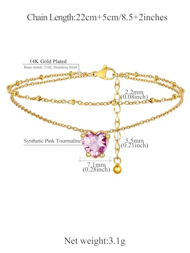 FindChic Bling Heart Birthstone Anklets Layered Beaded Ankle Bracelets for Women Gold/Black/Silver 12 Month Gem Colors Foot Chain Summer Jewelry for Girls, with Gift Box - color: Gold, style: 10. Oct.-Created Pink Tourmaline(Prong Setting)