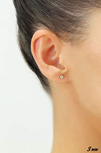 14k White Gold Solitaire Round Cubic Zirconia Stud Earrings with Pushbacks - style: 3mm
