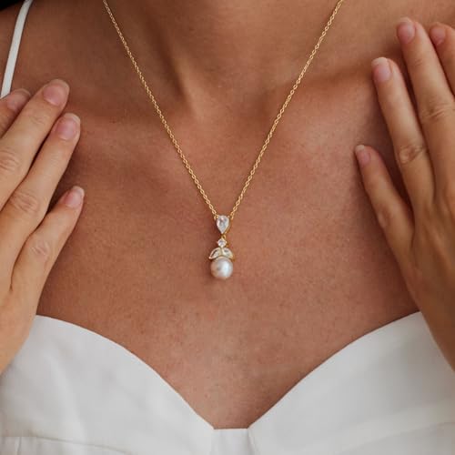 Pearl Necklaces for Women,Dainty Gold Pendant Necklaces Waterproof Jewelry | 14K Gold Plated Pearl Necklaces,Dainty Elegant Wedding Necklace,Small Cute Adjustable Minimalist Necklace,Non Tarnish Jewelry - color: GOLD-8