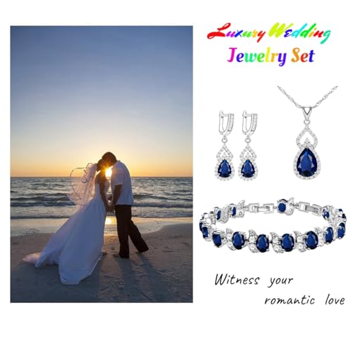 LMXXVJ Women Jewelry Set Platinum Plated Necklace Open Ring Earrings Bracelet Set,Birthday/Anniversary Mother’s Day Jewelry Gifts for Mom/Wife/Sister/Best Friend - color: White Gold-Blue-No Ring