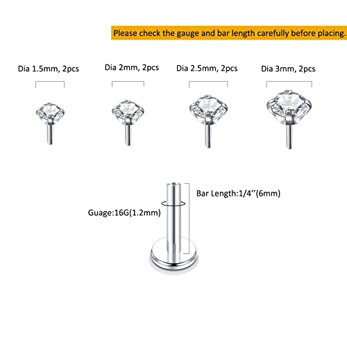 Oveta Threadless Push in Lip Rings 16G/18G/20G Labret Jewelry CZ Lip Studs Stainless Steel Cartilage Earrings for Women Monroe Medusa Piercing Jewelry 6/7/8/10/12mm Bar Length - color: Silver, size: 16G*6mm bar*1.5/2/2.5/3mm cz