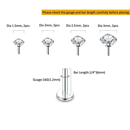 Oveta Threadless Push in Lip Rings 16G/18G/20G Labret Jewelry CZ Lip Studs Stainless Steel Cartilage Earrings for Women Monroe Medusa Piercing Jewelry 6/7/8/10/12mm Bar Length - color: Silver, size: 16G*6mm bar*1.5/2/2.5/3mm cz