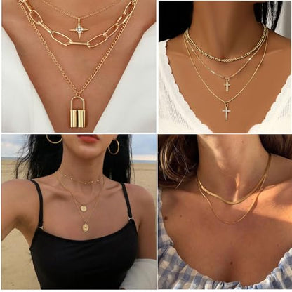 73 Pcs Gold Jewelry Set with 6Pcs Layered Necklace, 11 Pcs anklet and 7Pcs Earring Ear Cuff,12Hoop Earrings ,15pcs Rings,21pcs stud earrings Jewerly set for Women Pack for Friendship Party Gift - style: AA-gold