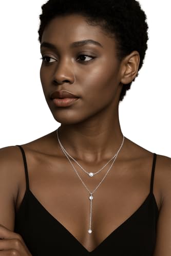 14K Gold Plated Y Necklace for Women – Dainty Lariat Long Pendant Chain, Layered Drop Necklace for V Neck Dress, Simple Sexy Cleavage Jewelry Gifts for Women - color: Silver - Double layered - Zircon
