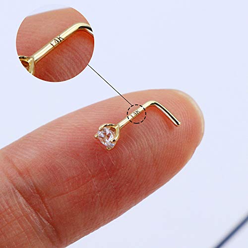 14K Real Gold Nose Studs 20G Nose Rings Studs L Shaped Nose Rings for Women Men Diamond CZ Nose Piercing - color: Yellow Gold-Round CLCZ