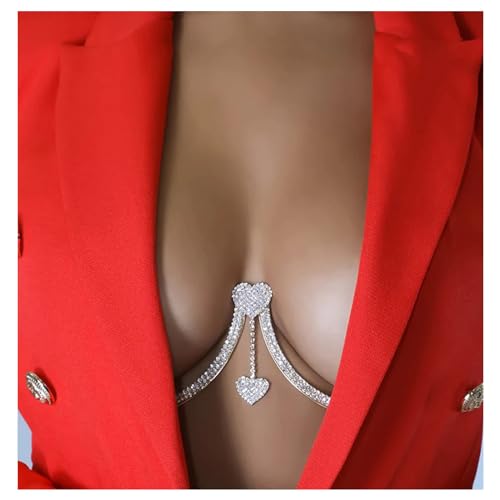 Rhinestone Chest Bracket Chain Trendy Crystal Heart Pendant Bra Chain Sexy Bikini Body Chain Jewelry for Women - color: Silver