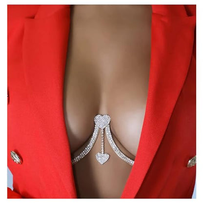 Rhinestone Chest Bracket Chain Trendy Crystal Heart Pendant Bra Chain Sexy Bikini Body Chain Jewelry for Women - color: Silver