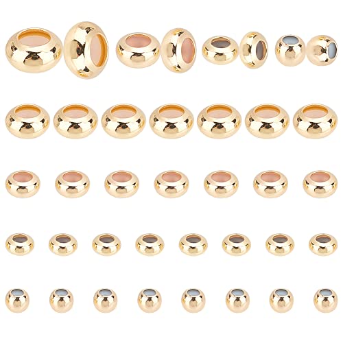 PH PandaHall 48pcs 14K Gold Stopper Beads, 4 Sizes Slider Beads Brass Spacer Rubber Insert Locating Bead Length Adjust Spacer Bead for DIY European Bracelets Necklaces Jewelry Making 4/5/6/7mm - size: 4/5/6/7mm
