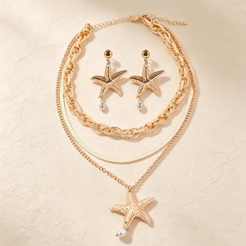 Gold Layered Stackable Starfish Earrings Necklace Sets for Women,Boho Faux Pearl Earrings Chunky Herringbone Pendant Necklace Ocean Matching Jewelry Gifts - color: Golden