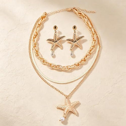 Gold Layered Stackable Starfish Earrings Necklace Sets for Women,Boho Faux Pearl Earrings Chunky Herringbone Pendant Necklace Ocean Matching Jewelry Gifts - color: Golden