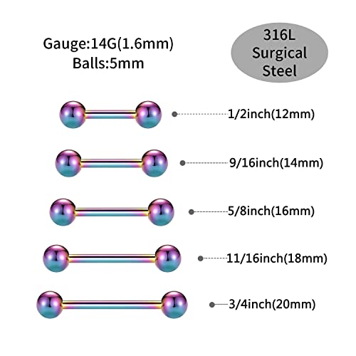 GAGABODY 5 Pairs Nipple & Tongue Rings - 14G Surgical Steel Screw Barbell - Straight, 12mm-20mm - color: Rainbow