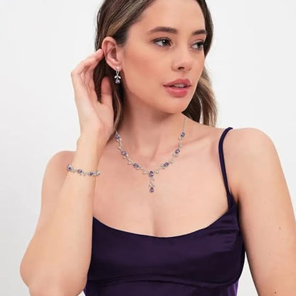 Crysdue Wedding Jewelry Set for Brides Bridesmaid, Cubic Zirconia Teardrop Marquise Leaf Cluster Pendant Necklace Bridal Tennis Bracelet Drop Earrings for Women Party Prom - style: A- CZ set-purple, silver