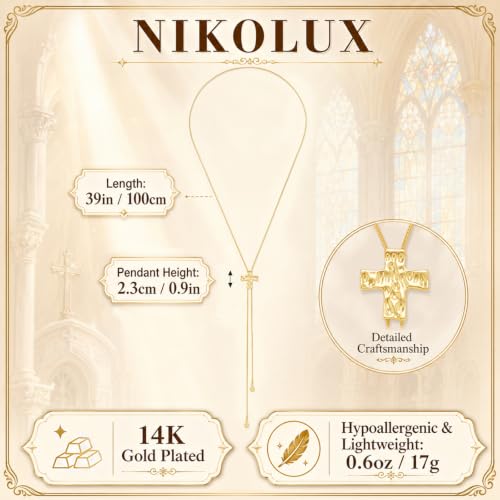 NIKOLUX Lariat Necklace for Women Gold Hammered Cross Long Necklace 14K Gold Plated Y Chain Boho Statement Religion Faith Jewelry Gifts