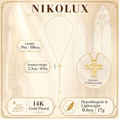 NIKOLUX Lariat Necklace for Women Gold Hammered Cross Long Necklace 14K Gold Plated Y Chain Boho Statement Religion Faith Jewelry Gifts