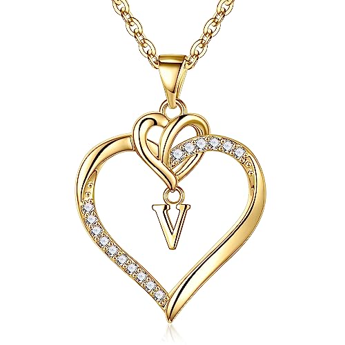 STORUP Heart Initial Necklaces for Women Girls, Initial A-Z Heart Necklace | 14K-Gold-Plated, Initial Heart Necklaces for Teen Girl Jewelry, Anniversary Birthday Gifts for Girls Women Her Wife Mom - color: Gold, style: V