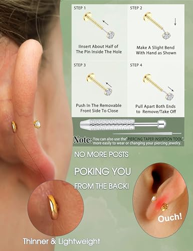GEMQUEEN 8 PCS Moissanite ＆ Implant Grade G23 Titanium Nose Studs Flat Back Earrings Hypoallergenic : 14K Gold Plated Nose Rings 20G Push in Threadless Cartilage Helix Piercing Jewelry for Women Men - color: Gold| 16G(1.2MM)-Bar-6/8MM&Moissanite-2/3/4MM