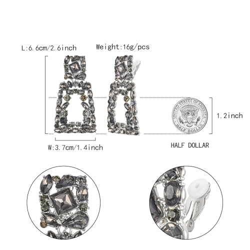 Flyonce Rectangle Clip-on Drop Earrings for Women, Sparkly Rhinestone Crystal Geometric Statement Non Pierced Earring Wedding Prom Party Jewelry for Brides Bridesmaid - color: Grey Silver-Tone
