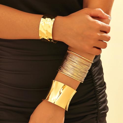3PCS Gold Chunky Cuff Bracelets for Women Irregular Minimalist Statement Bangle Bracelets Set Open Wide Bangle Arm Cuff Upper Arm Punk Jewelry - color: 3PCS Chunky Gold Cuff Bracelets