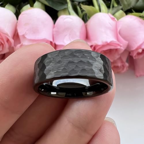 TUTISS 6mm 8mm Silver/Black/Gunmetal/Gold/Rose Gold Hammered Tungsten Rings for Men Women Couple Fashion Jewelry Engagement Wedding Bands Matte Finish Comfort Fit - color: 8mm Black Tungsten
