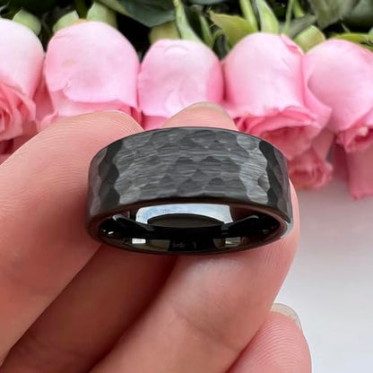 TUTISS 6mm 8mm Silver/Black/Gunmetal/Gold/Rose Gold Hammered Tungsten Rings for Men Women Couple Fashion Jewelry Engagement Wedding Bands Matte Finish Comfort Fit - color: 8mm Black Tungsten