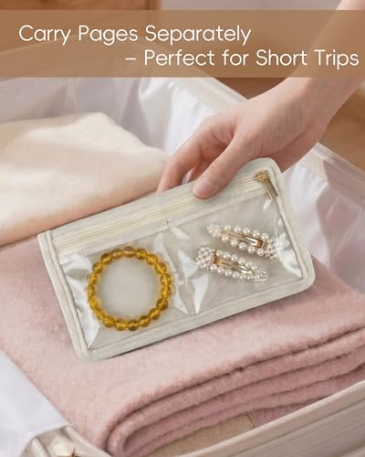 Travel Jewelry Organizer Case Refill Pages-24 Compartments Clear Zipper Velvet Pockets for Rings Earrings Necklaces,2-Section Replacement Pages, Beige,Pack of 6 - color: 2-Section Inner Pages,Beige,Pack of 6