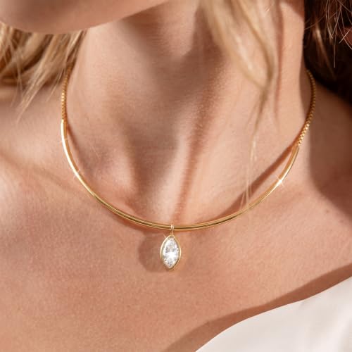 Gold Choker Necklace Dainty 14K Gold Plated Collar Necklace with Cubic Zircon Pendant Necklaces Fashion Minimalist Summer Crystal Collar Necklaces Boho Jewelry - style: CZ Horse eye Shape
