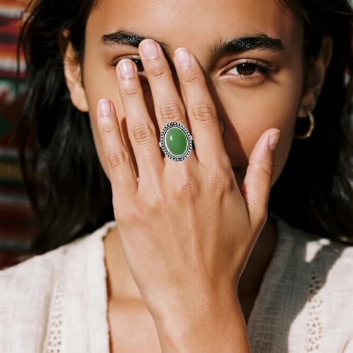 Retro Sterling Silver Stone Ring,Antique Natural Real Oval Crystal Quartz Gemstone Boho Bohemian Ring Jewelry for Women - color: A21_Dongling Jade