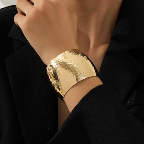 Gold Bracelets for Women Irregular Hammered Open Cuff Adjustable Wide Band Simple Statement Gift