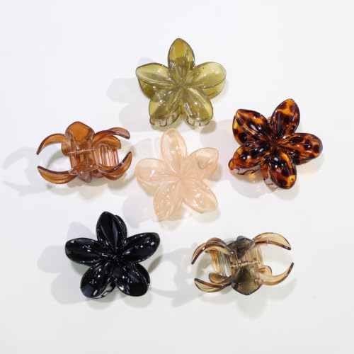 6 Pack Flower Hair Claw Clips for Women Hawaiian Plumeria Claw Clip (Brown) | Strong Hold Nonslip Large Hair Clip for Beach Holiday Thick Thin Hair Accessories - color: Brown
