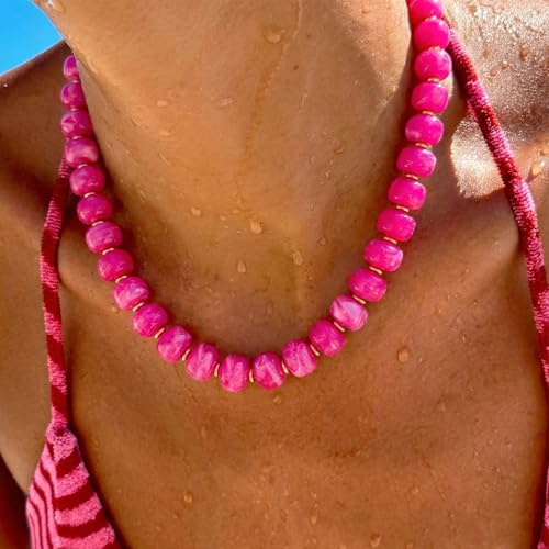 Beaded necklace for Women Boho Bead Gemstone Chunky Necklace Big Bead Necklace Fashion Trendy Summer Necklaces Jewelry Gifts - color: Rose Red Beaded