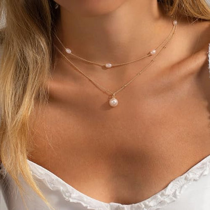 Plenky Pearl Necklaces for Women-14k Gold Plated Layered-Single Pearl Necklace Simple Pearl Choker Necklaces for Women Trendy Cute Gold Necklace Jewelry for Women Gifts - style: Double Pearl Necklace
