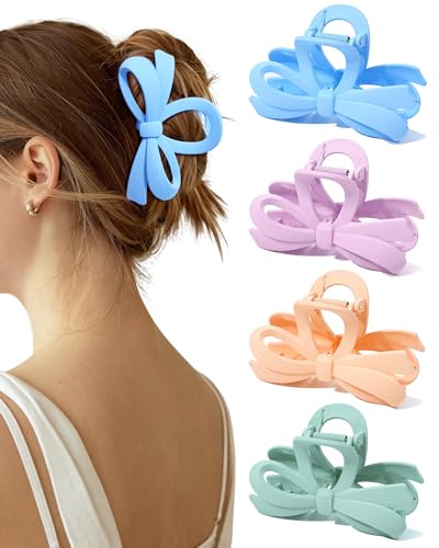 ACECHA 4Pcs Cute Bow Claw Clip for Women Thick Hair, Strong Grip Colorful | matte finish, non-slip & durable bows clips, 4.1 inch large size, ideal for thick hair, daily wear, work, parties - color: Blue, Orange, Purple, Green