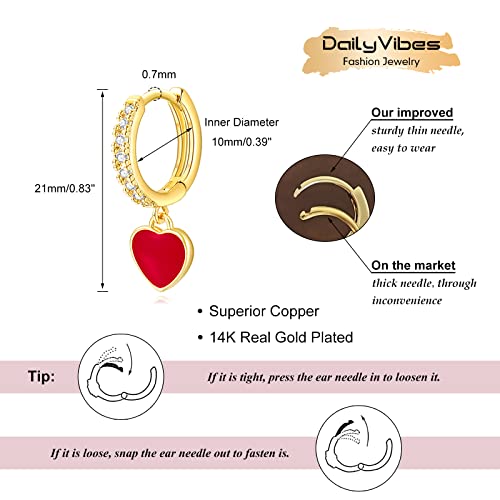 DAILY VIBES Cute Gold Mini Dangle Huggie Hoop Earrings for Women Trendy | 14K Gold Plated, Dainty Cubic Zirconia, Small Hoop Earrings with Charm Drop, Jewelry Gift for Women Ladies - color: Red Heart CZ