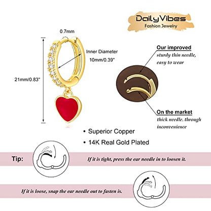DAILY VIBES Cute Gold Mini Dangle Huggie Hoop Earrings for Women Trendy | 14K Gold Plated, Dainty Cubic Zirconia, Small Hoop Earrings with Charm Drop, Jewelry Gift for Women Ladies - color: Red Heart CZ