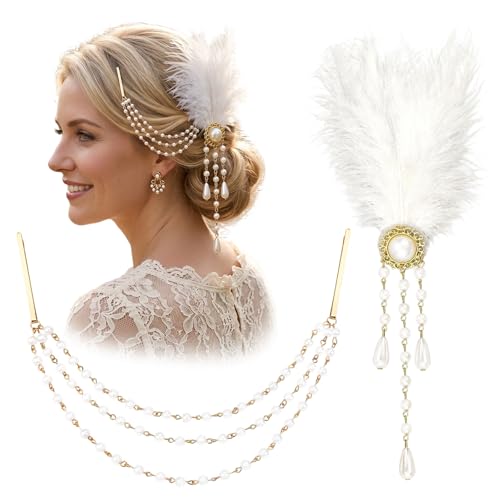 2Pcs Victorian Hair Accessories for Women, 18th Century Renaissance Queen Ostrich Feather and Pearl Tassel Barrette Clips, Marie Antoinette Blonde Beehive Costume Jewelry