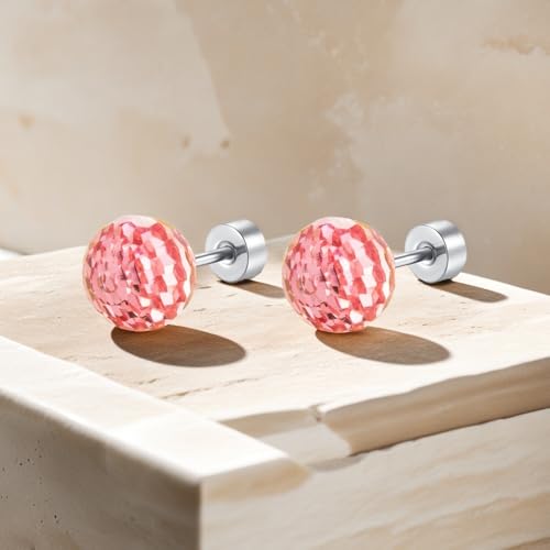 Dazzling Crystal Disco Ball Cartilage Stud Earrings for Women Mom Stainless Steel Austrian Colorful 6mm/8mm CZ Tragus Screw Flat Back Helix Tiny Studs Earring Fashion 60's 70's Jewelry Prom Party 20G - color: Pink,8mm