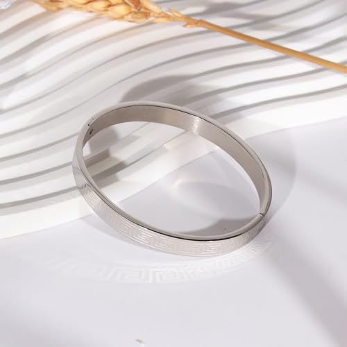 4/6/8MM Greek Key Meander Bracelet Oval Stainless Steel Bangle Cuff Gifts for Women Men - color: Silver, size: 8mm