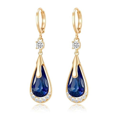 Trendy Austrian Crystal Teardrop Drop Huggie Dangle Earrings for Women 14k Rose Gold Plated Hypoallergenic Jewelry Gifts - color: Dark Blue