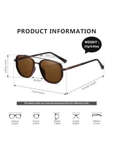 kimorn Women's Square Aviator Sunglasses, Polarized UV400 Pretecion | Retro Frame Shades, Small-Medium Fit, Driving, Beach, Daily Wear - color: Coffee Brown