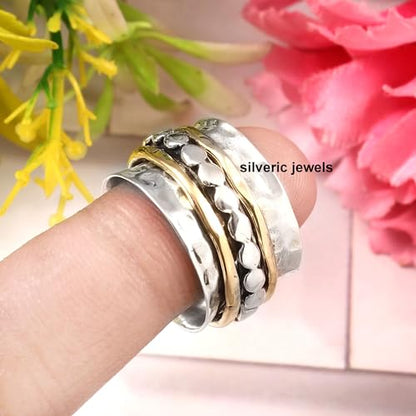 Hammered 925 Sterling Silver Designer Band Spinner Ring For Amazin Handmade Two Tone Meditation Ring For Her Silver Anxiety Bridesmaid Ring - size: 5